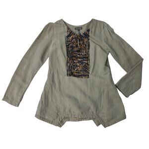 Sachin + Babi Tunic Blouse Long Sleeve Gray Silk Beaded Neckline